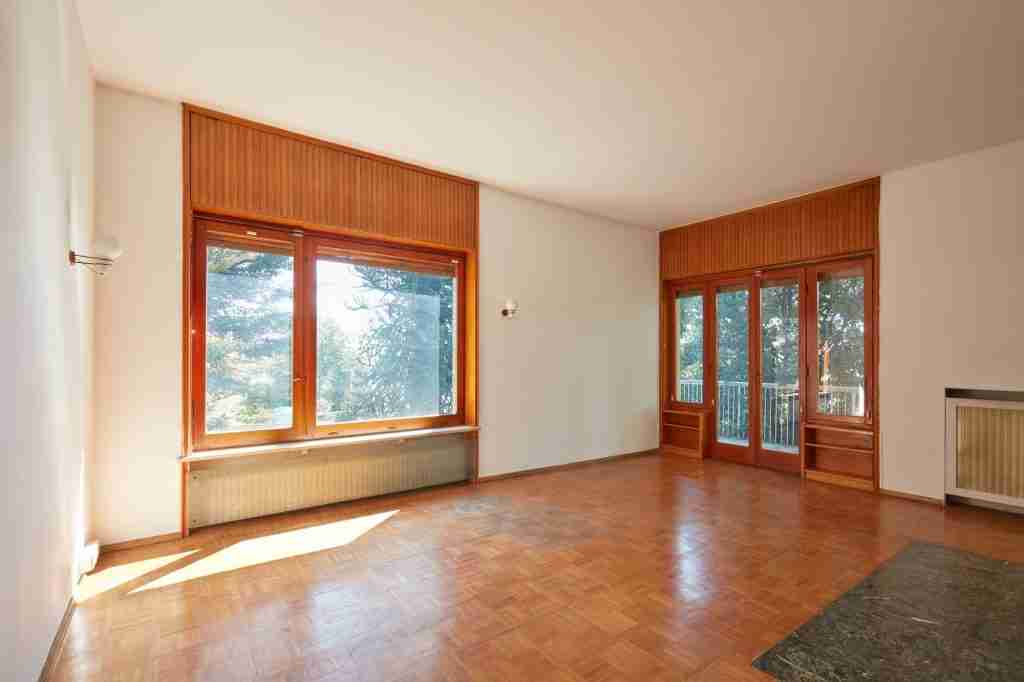 Old room, living room interior in old house with garden